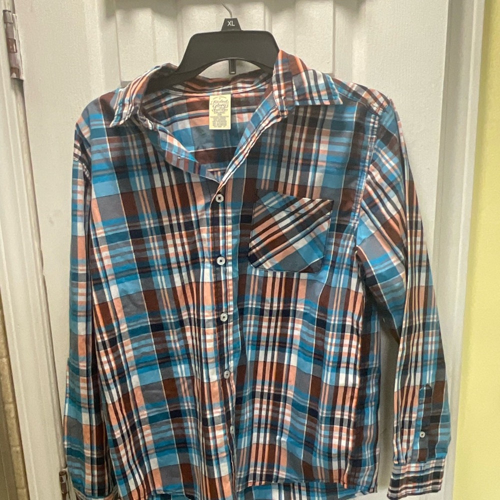 Boys' Faded Glory Long Sleeve Cotton Blend Plaid Blue Collared Shirt XXL/2XG